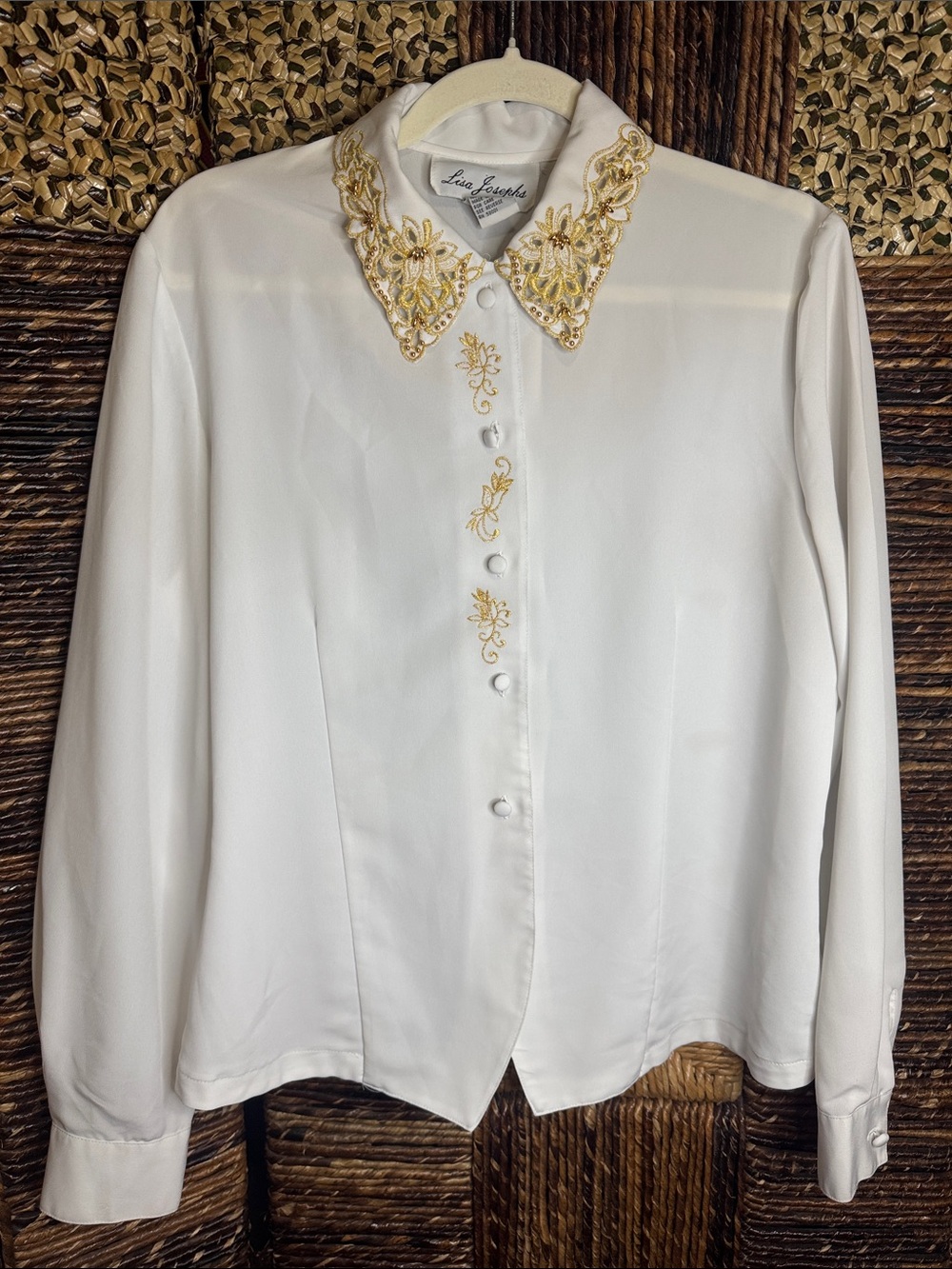 Vintage White Button-Down Blouse with Gold Embroidered Collar